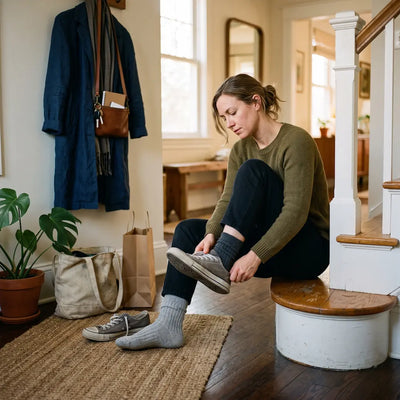 Person removing a shoe after a long day of walking.