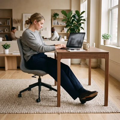Office worker sitting for hours with feet still beneath a desk.