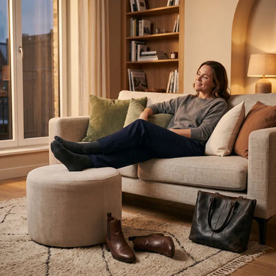 Person taking off their shoes and putting their feet up after a busy day.