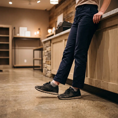 Retail worker resting one foot after a long standing shift.