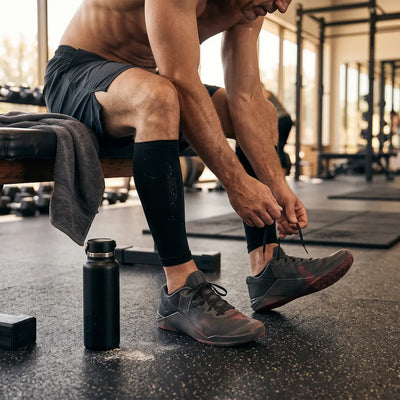 Person loosening athletic shoes after a workout.